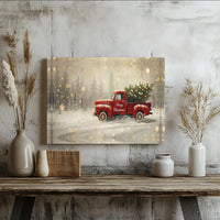 Snowy Winter Forest Tree Canvas Printable, Christmas Red Truck Digital Download, Rustic Farmhouse Xmas Wall Decor, Holiday Art Poster