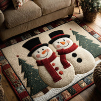 Country Quilt Holiday Rug, Snowman Christmas Couple Area Rug, Winter Xmas Floor Mat, Non Slip Living Room Rug, Festive Decor Present