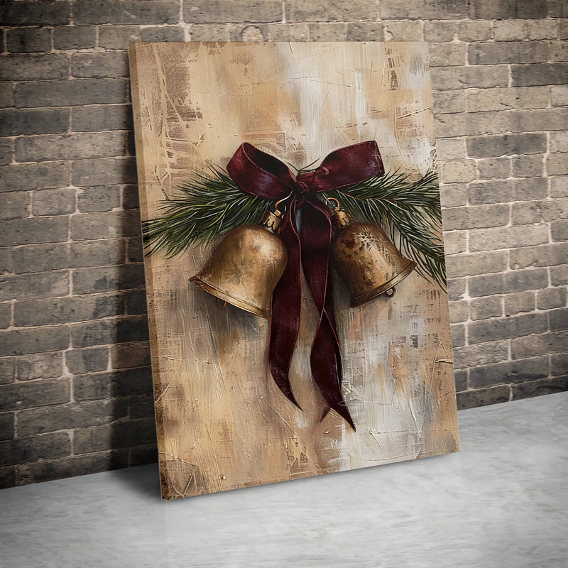 Vintage Pine Ribbon Holiday Canvas Print, Rustic Christmas Bells Canvas Wall Art, Festive Farmhouse Canvas Art, Christmas Wall Hanging