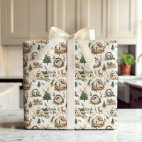 Rustic Watercolor Winter Wrapping Paper, Christmas Village Wrapping Paper, Comfy Pine Tree Gift Wrap, Reindeer Holiday Winter Wrapping Paper