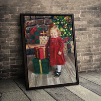 Festive Christmas Girl Wall Art, Vintage Christmas Girl Canvas Print, Oil Painting Girl Portrait, Digital Download Printable Holiday Decor