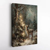 Winter Woodland Deer Painting, Christmas Deer Canvas Wall Art, Snowy Forest Fawn Holiday Print, Festive Deer Wall Decor, Digital Download