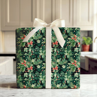 Pine Holly Christmas Gift Wrap, Watercolor Poinsettia Wrapping Paper, Botanical Winter Wrapping Paper, Traditional Holiday Wrapping Paper