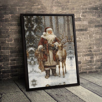 Traditional Christmas Forest Canvas Print, Vintage Santa Claus Canvas Wall Art, Rustic Holiday Santa Canvas, Winter Seasonal Wall Decor Present