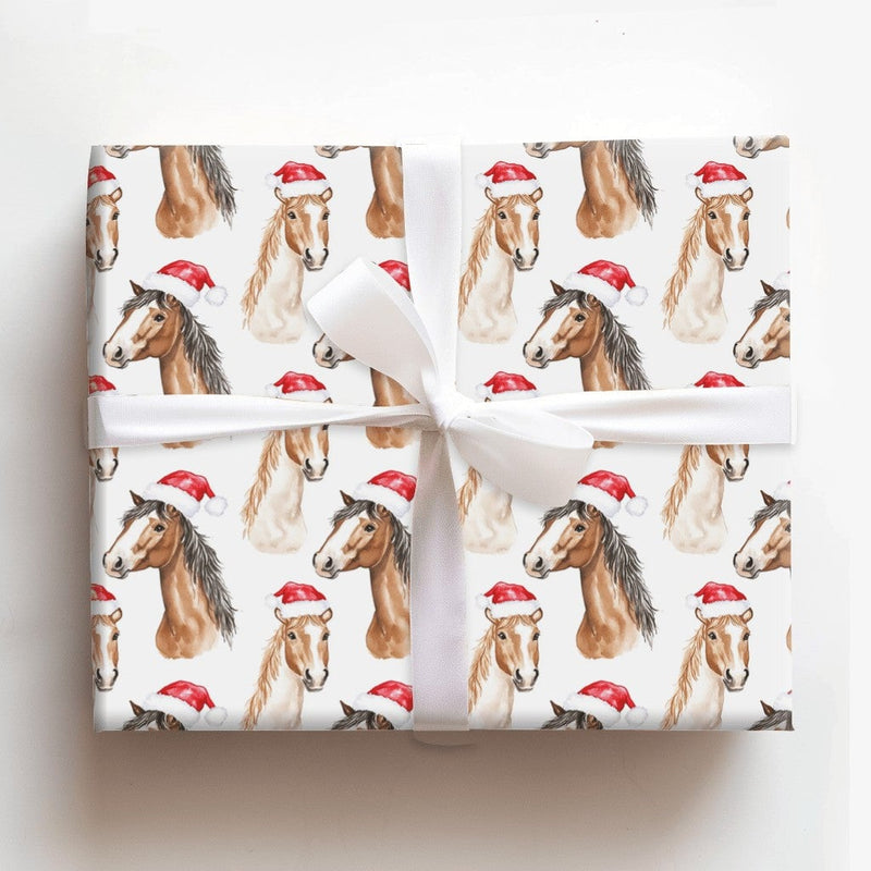 Equestrian Santa Hat Gift Wrap, Horse Christmas Wrapping Paper, Watercolor Horse Wrapping Paper, Holiday Horse Gift Wrapping Paper