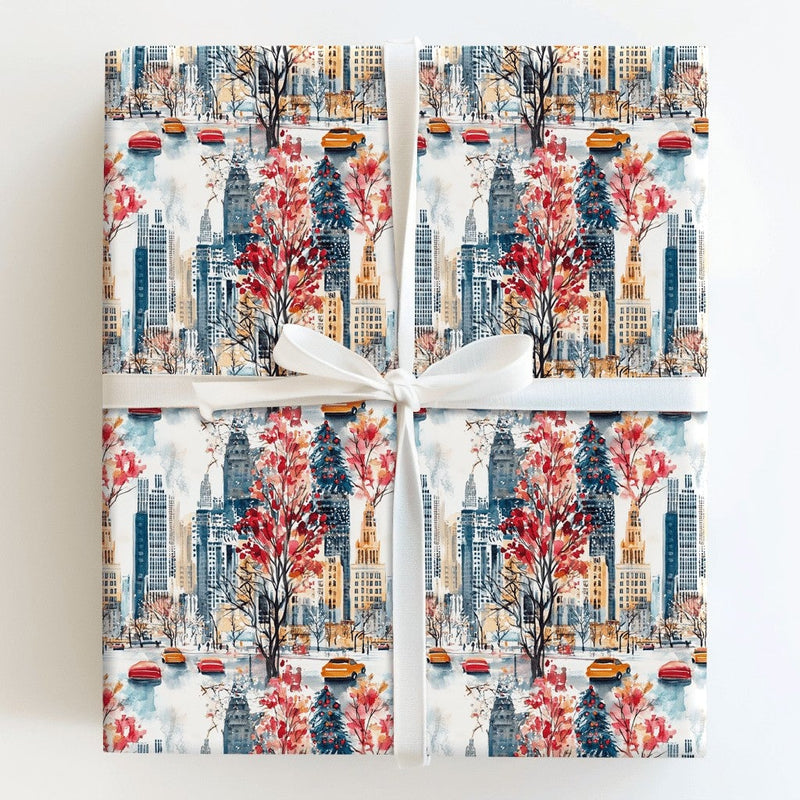 NYC Yellow Taxi Holiday Wrapping Paper, New York Christmas Wrapping Paper, Watercolor Skyline Wrapping Paper, Urban City Travel Gift Wrap