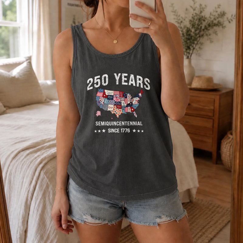 America 250 Years Tank Top | Semiquincentennial Patchwork USA Map Design | Soft Breathable Unisex Fit | Patriotic Gift for History Lovers