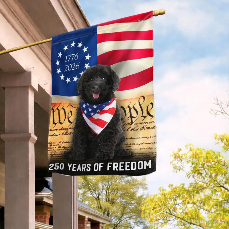 Black Goldendoodle Garden Flag | 250 Years of Freedom Patriotic Design | Double-Sided Weather-Resistant Polyester | Dog Lover Gift