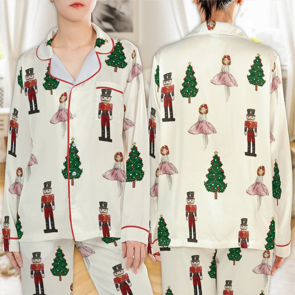 Ballerina Tree Pajama Set, Nutcracker Christmas Satin Pajamas, Holiday Button-Up Sleepwear, Festive Winter Loungewear, Xmas P