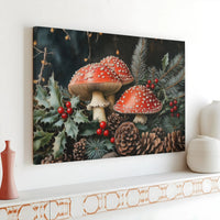 Red Amanita Mushroom Canvas Print, Christmas Mushroom Canvas Wall Art Digital Download, Cottagecore Woodland Mushroom Canvas Art Printable