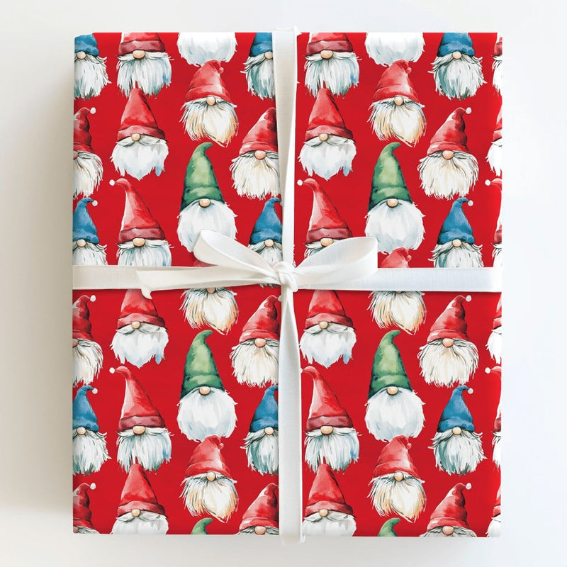 Watercolor Holiday Wrapping Paper, Red Christmas Gnome Wrapping Paper, Whimsical Scandinavian Gift Wrap, Adorable Winter Gnome Wrapping Paper