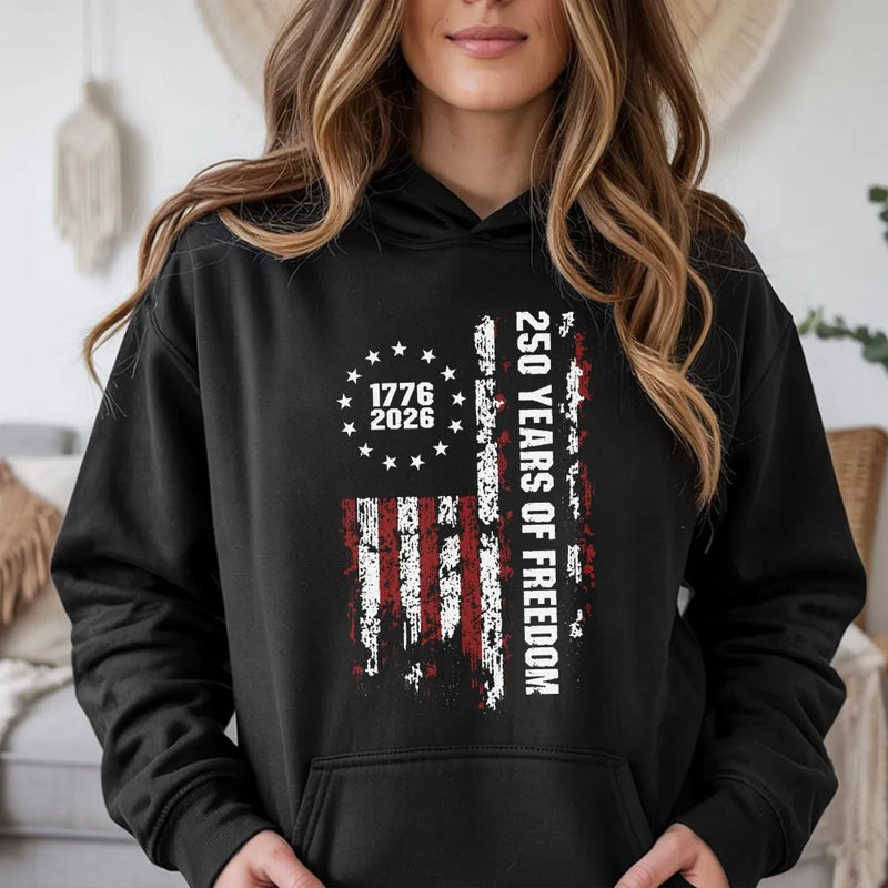 250 Years of Freedom Hoodie | 1776-2026 Distressed American Flag Design | Premium Cotton-Polyester Blend | Patriotic Gift for History Lovers