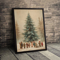 Children Snow Scene Canvas Print, Vintage Christmas Tree Canvas Wall Art, Retro Holiday Tree Canvas, Winter Wall Decor, Christmas Home Present