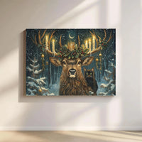 Magical Holly Candle Black Cat Poster, Winter Forest Deer Wall Art, Whimsical Holiday Landscape Print, Christmas Decor, Digital Download