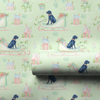 Watercolor Dog Sleigh Gift Wrap, Black Labrador Christmas Wrapping Paper, Pastel Village Holiday Wrapping Paper, Adorable Dog Lover Gift Wrap