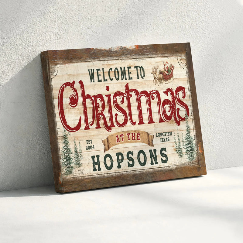 Rustic Santa Sleigh Canvas Wall Art, Personalized Family Christmas Sign, Custom Name Holiday Canvas Print, Farmhouse Xmas Wall Decor Present