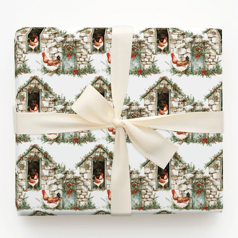 Rustic Coop Christmas Gift Wrap, Farmhouse Chicken Wrapping Paper, Country Rooster Holiday Wrapping Paper, Festive Farm Present Wrap