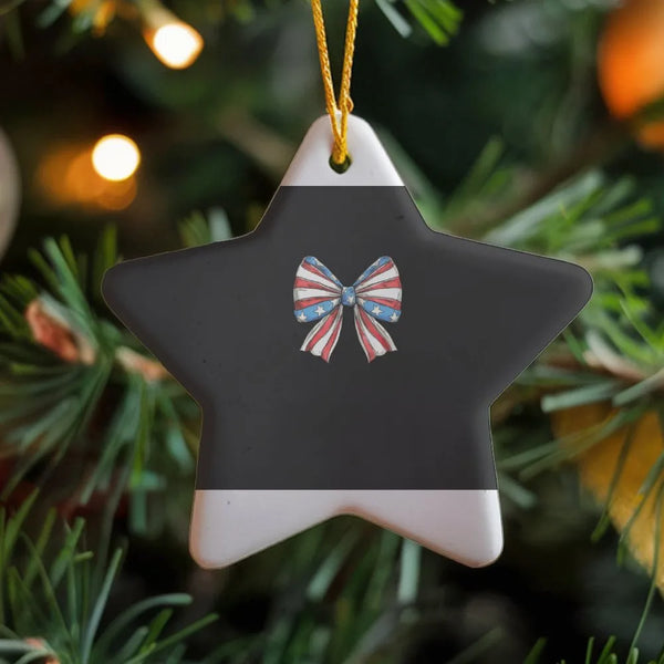 Coquette Patriotic Star Keepsake, American Flag Bow Ceramic Ornament, 4th of July Decor, Christmas Tree Hanging Ornament