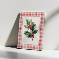 Red Plaid Border Festive Wall Art, Watercolor Christmas Holly Canvas Art, Holiday Botanical Canvas Print, Winter Seasonal Home Decor