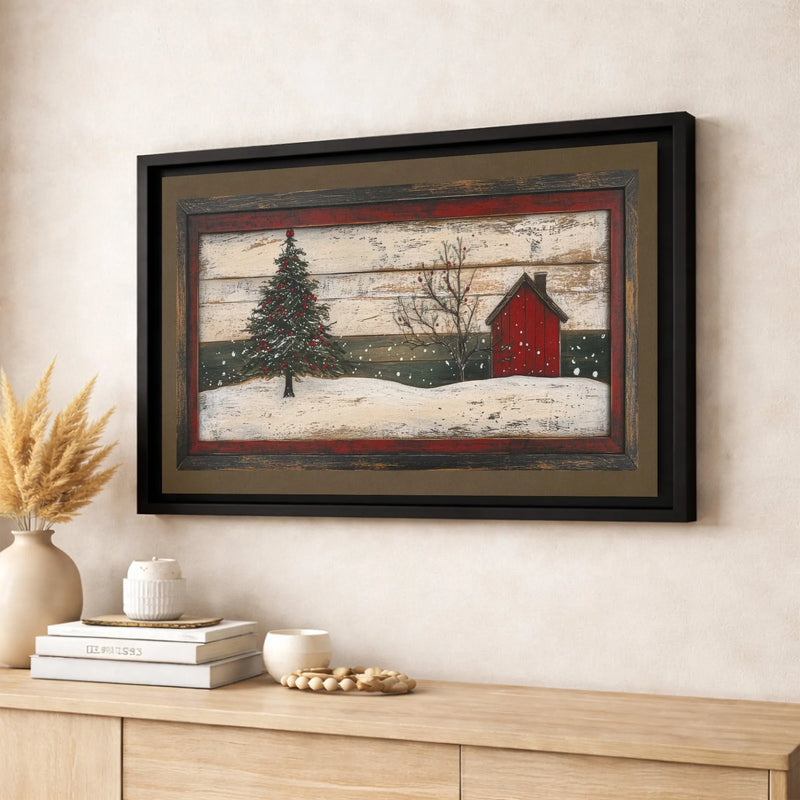 Snowy Christmas Tree Canvas Print, Rustic Red Barn Winter Canvas Art, Farmhouse Holiday Wall Decor, Winter Landscape Canvas Wall Art Present
