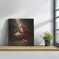 Baby Jesus Nativity Scene Oil Painting Print, Santa Kneeling at Manger Square Canvas Art, Christian Religious Christmas Canvas
