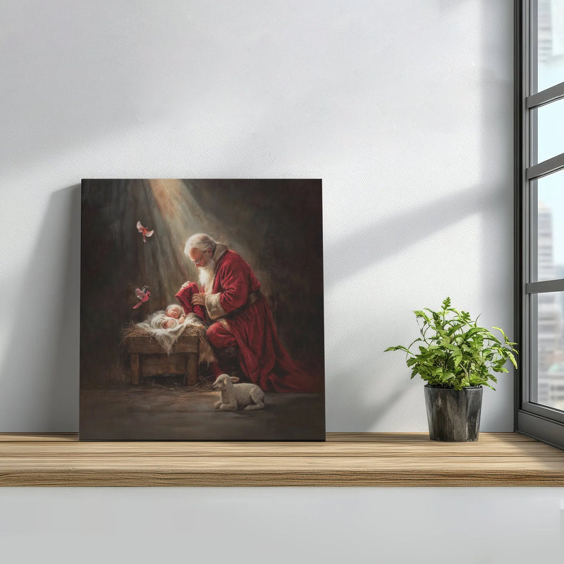 Baby Jesus Nativity Scene Oil Painting Print, Santa Kneeling at Manger Square Canvas Art, Christian Religious Christmas Canvas