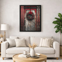 Red Barn Door Farmhouse Holiday Print, Rustic Christmas Wreath Canvas Wall Art, Winter Festive Decor, Digital Download Printable Poster