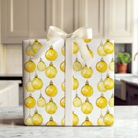 Gold Baubles Holiday Gift Wrap, Yellow Ornament Christmas Wrapping Paper, Watercolor Festive Wrapping Paper, Holiday Season Gift Wrap Roll