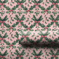 Christmas Botanical Gift Wrap, Vintage Holly Pink Bow Wrapping Paper, Soft Pink Holiday Wrapping Paper, Coquette Winter Gift Wrap Roll