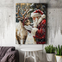 Snowy Winter Forest Canvas Print, Santa Claus and Reindeer Canvas Art, Vintage Christmas Wall Art Canvas, Holiday Seasonal Home Decor Present