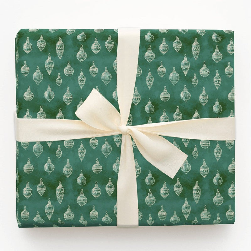 Dark Green Holiday Gift Wrap, Vintage Sketch Ornaments Wrapping Paper, Rustic Christmas Tree Bauble Wrapping Paper, Farmhouse Gift Wrap Roll