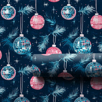 Retro Holiday Gift Wrap Roll, Pink Disco Ball Christmas Wrapping Paper, Navy Blue Pine Ornament Present Paper, Groovy Festive Gift Wrapping