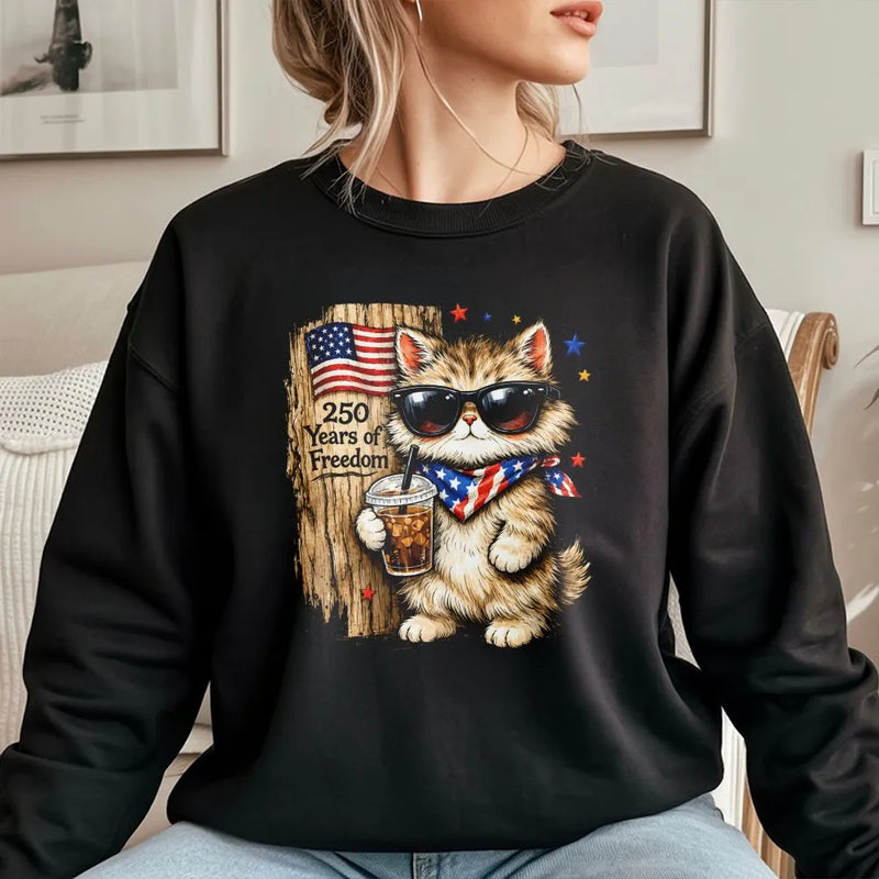 Patriotic Cat Sweatshirt | 250 Years Freedom Cartoon Cat in Sunglasses | Soft Cotton Polyester Blend | Gift for Cat Lover