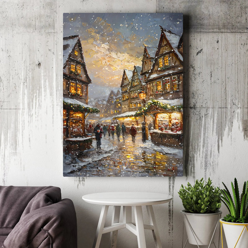 European Village Canvas Art, Snowy Christmas Market Wall Art, Winter Street Scene Digital Download, Festive Holiday Printable Art Print