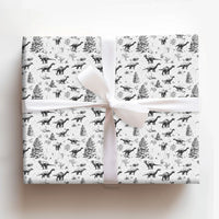 Black and White Winter Dino Gift Wrap, Dinosaur Christmas Wrapping Paper, Snowy Pine Tree Wrapping Paper, Kids Holiday Gift Wrap Roll
