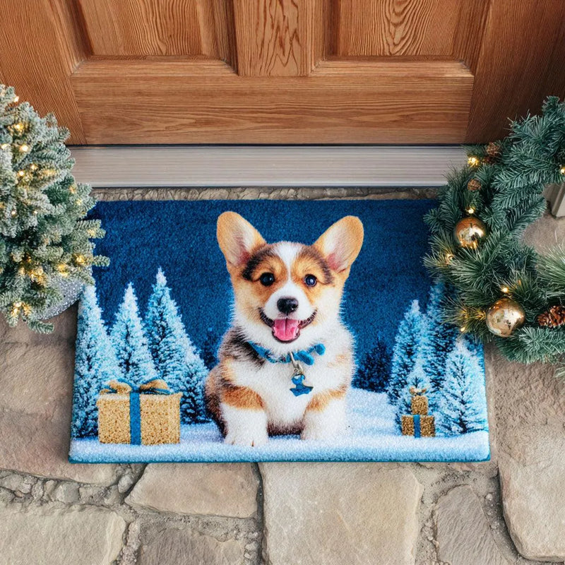 Adorable Winter Dog Welcome Mat, Frost Corgi Doormat, Festive Holiday Entrance Mat, Corgi Lover Floor Mat, Christmas Front Porch Home Decor Present