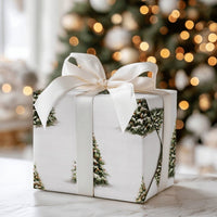 Winter Forest Holiday Gift Wrap, Snowy Christmas Tree Wrapping Paper, Snow Dusted Evergreen Tree Paper, Festive Present Wrap Roll for Presents