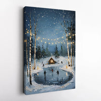 Snowy Landscape with Fairy Lights Wall Decor, Winter Ice Skating Cabin Canvas Art, Festive Christmas Canvas Print, Comfy Winter Decor