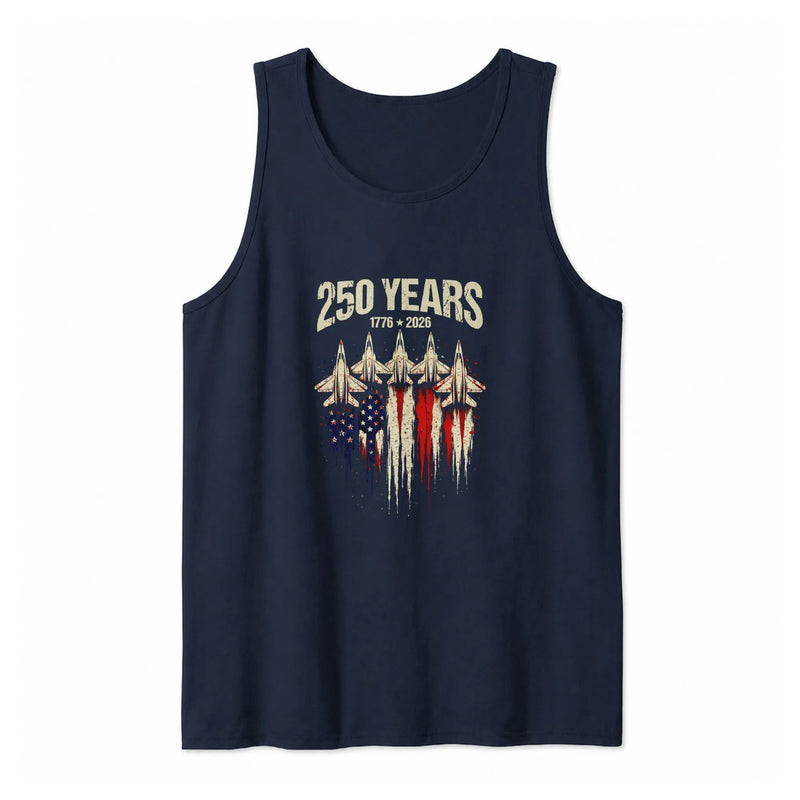 USA 250 Years Anniversary Tank Top | Patriotic Jet Fighter American Flag Graphic | Premium Soft Breathable Fabric | 4th of July Independence Day Gift for Veterans, Unisex Summer Gym Wear