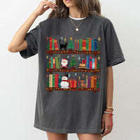 Festive Library Holiday Graphic Tee, Christmas Bookshelf T-Shirt, Comfy Book Lover Xmas Shirt, Bookish Winter Tree Reader Librarian Present