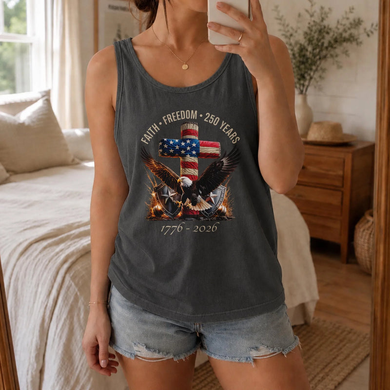 Patriotic 250 Years American Flag Tank Top | Faith Freedom 1776-2026 Eagle & Cross | Premium Soft Breathable Fabric | Independence Day Gift for Patriots