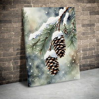 Winter Forest Watercolor Canvas, Snowy Pine Cones Canvas Print, Rustic Pine Cone Canvas Art, Christmas Pinecone Print, Holiday Home Decor