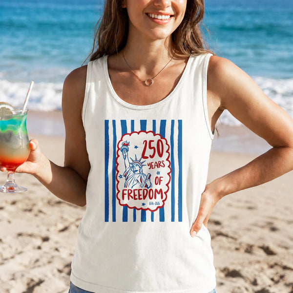 250 Years of Freedom Tank Top | Statue of Liberty Patriotic Graphic | Soft Breathable Unisex Fit | Americana History Lover Gift
