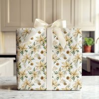 Floral Holiday Gift Wrap Roll, Golden Poinsettia Christmas Wrapping Paper, Pinecone Botanical Wrap, Traditional Xmas Present Paper