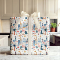 Palm Tree Cityscape Gift Wrap, Tropical Christmas City Skyline Wrapping Paper, Urban Winter Wrapping Paper, Festive Holiday Gift Wrap Roll