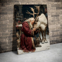Nostalgic Christmas Oil Painting Canvas Print, Santa Claus and Reindeer Canvas Wall Art, Vintage Holiday Canvas Decor, Santa Christmas Present