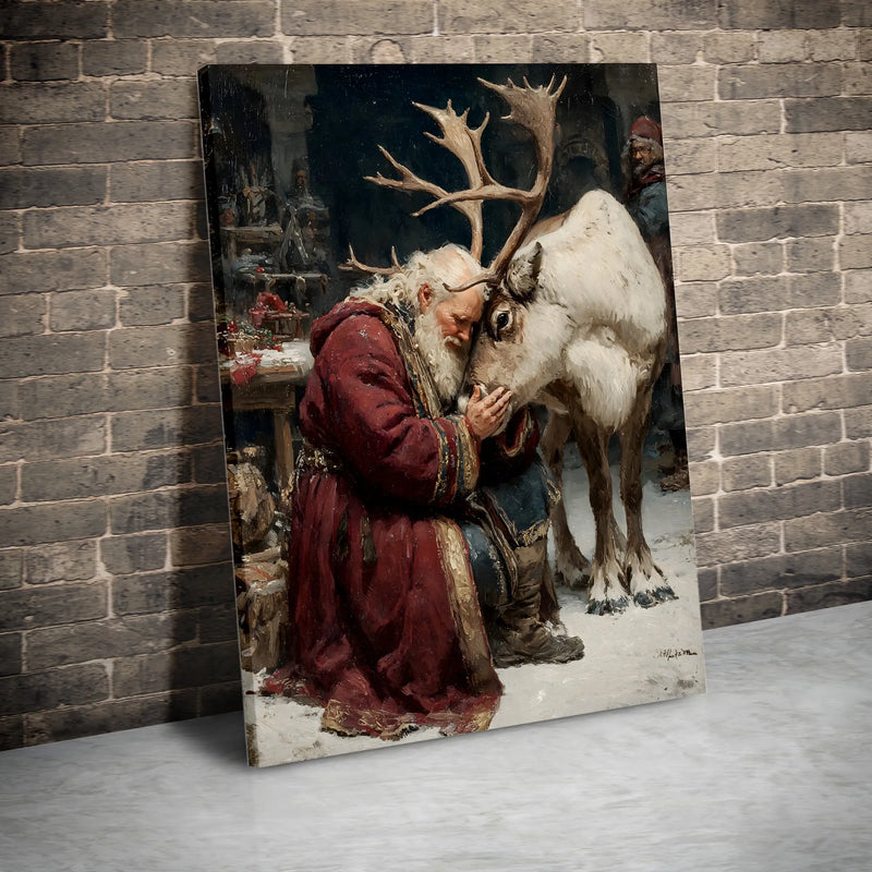 Nostalgic Christmas Oil Painting Canvas Print, Santa Claus and Reindeer Canvas Wall Art, Vintage Holiday Canvas Decor, Santa Christmas Present