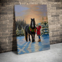 Girl with Horse in Winter Snow Canvas, Christmas Horse Canvas Wall Art, Holiday Farmhouse Wall Decor, Rustic Equestrian Canvas Print Present
