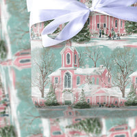 Winter Village Holiday Gift Wrap, Pink Church Christmas Wrapping Paper, Snowy Scenery Christmas Wrapping Paper, Pastel Xmas Gift Wrap