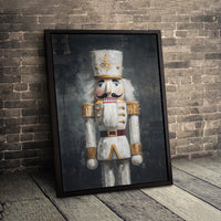 Holiday Soldier Portrait Canvas, White and Gold Nutcracker Canvas Wall Art, Christmas Nutcracker Canvas Print, Winter Seasonal Decor